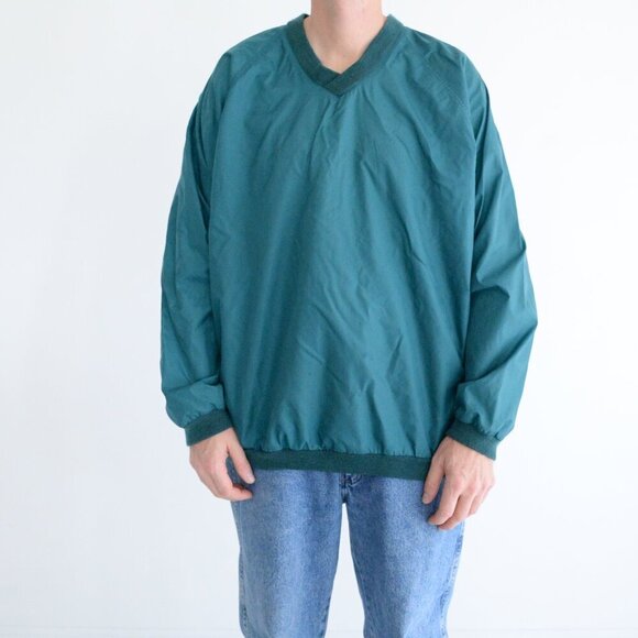 Vintage Hunter Green Nylon V Neck Golf Windbreaker Pull Over Jacket M-L - Picture 1 of 8
